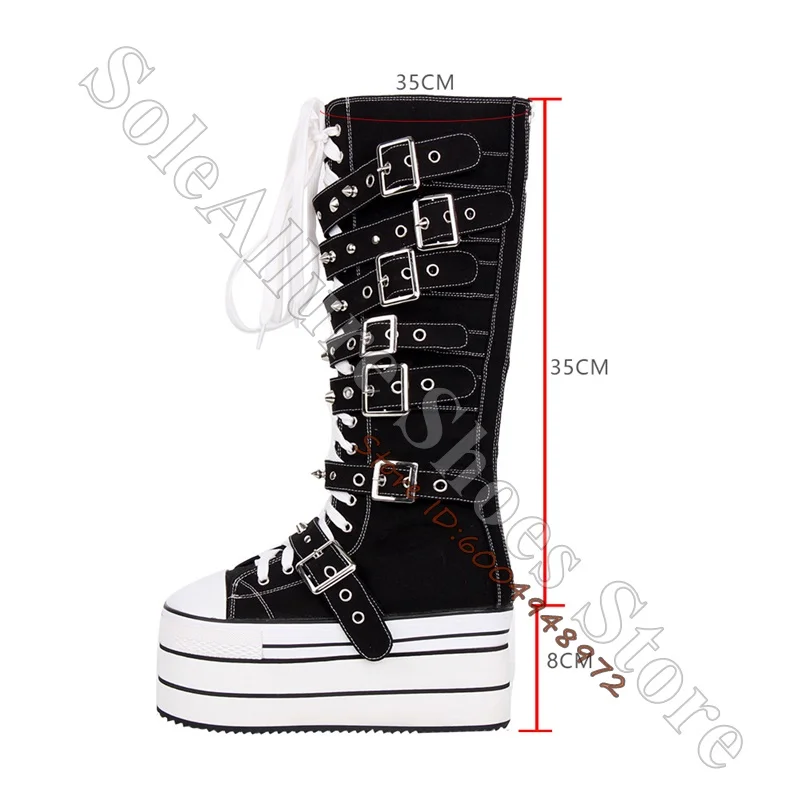 Buckle Knee High Canvas Platform Boots White Rubber Cap Toe White Lace-Up Striped Chunky Sole Booties Y2K Punk Alt Festival Boot