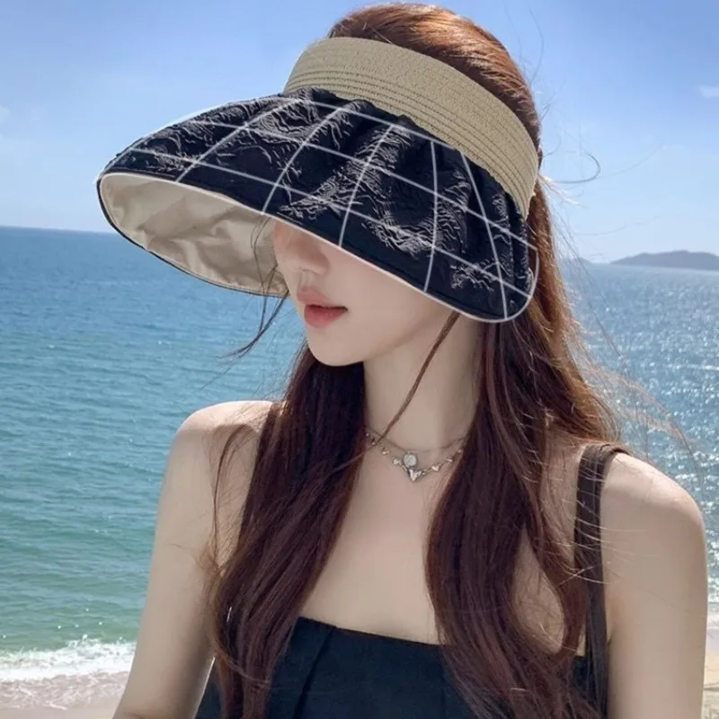 Black Visor Sun Hat - Large Wide Brim UV Protection Cap with Removable Headband, Summer Beach Vacation Essential for Women