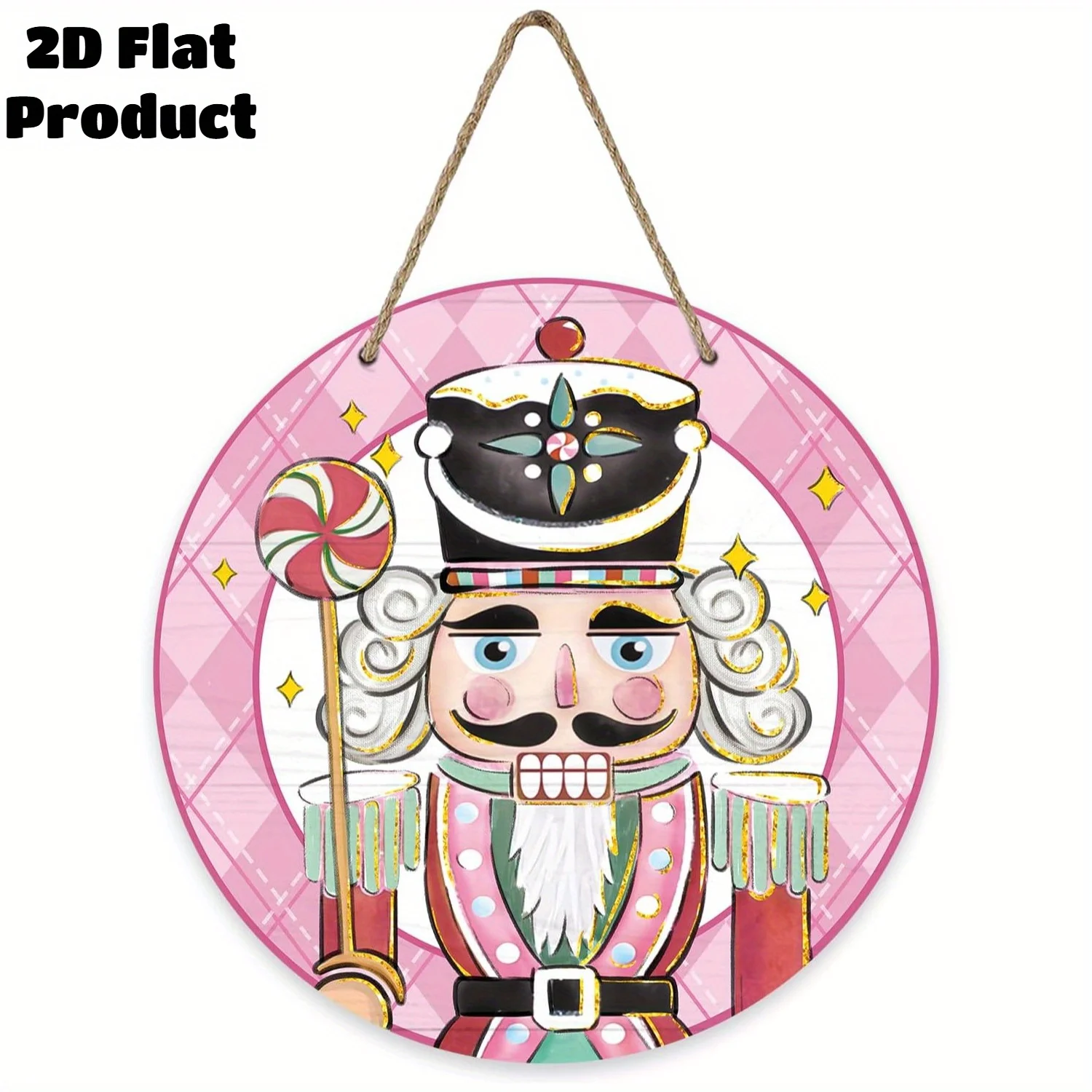 2d flat printed round wooden sign, christmas nutcracker front door plaque, pink santa candy buffalo check wood porch hanger
