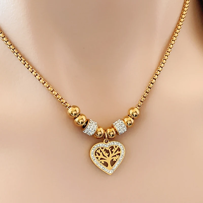 Women's 316L Stainless Steel Heart Life Tree Charm Necklace with Zircon Detail Thick Gold-Plated Chain Choker Fashion Jewelry