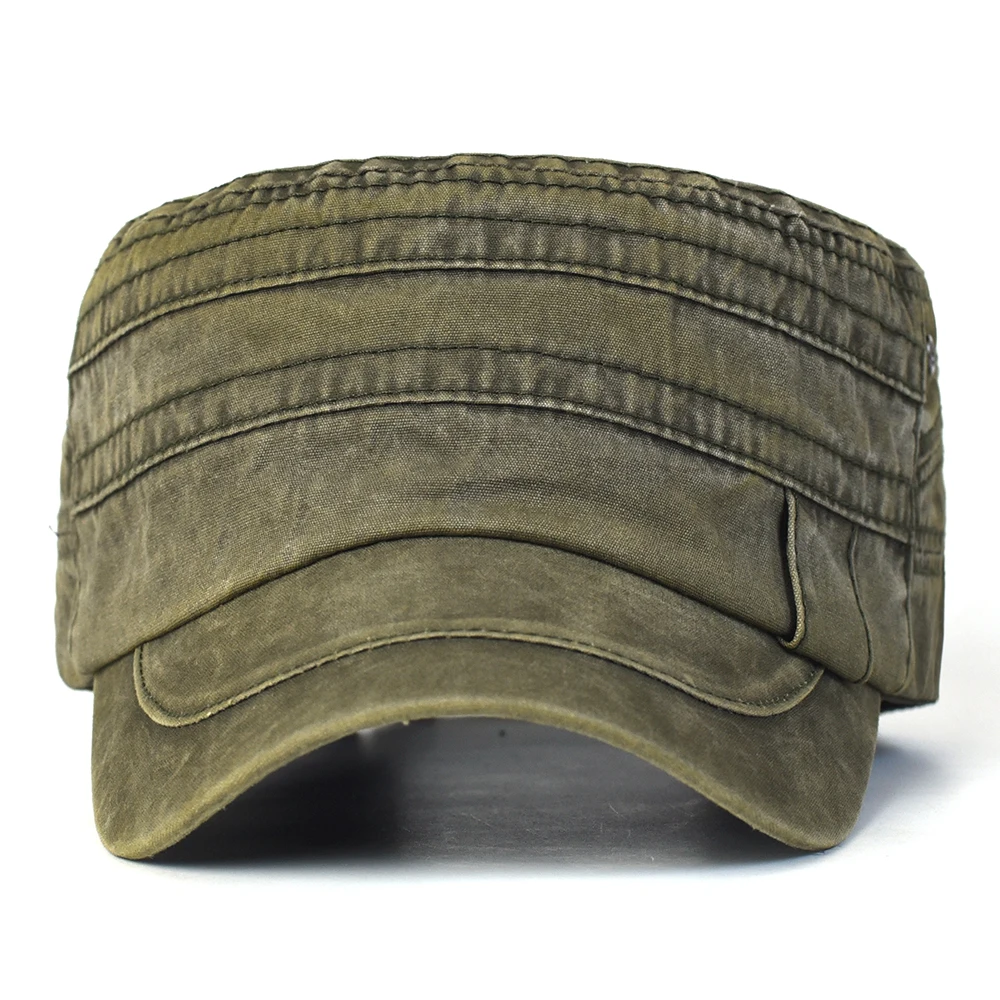 Casual Washed Cotton Flat Top Hat Adjustable Military Caps Men Women Unique Design Vintage Four Seasons