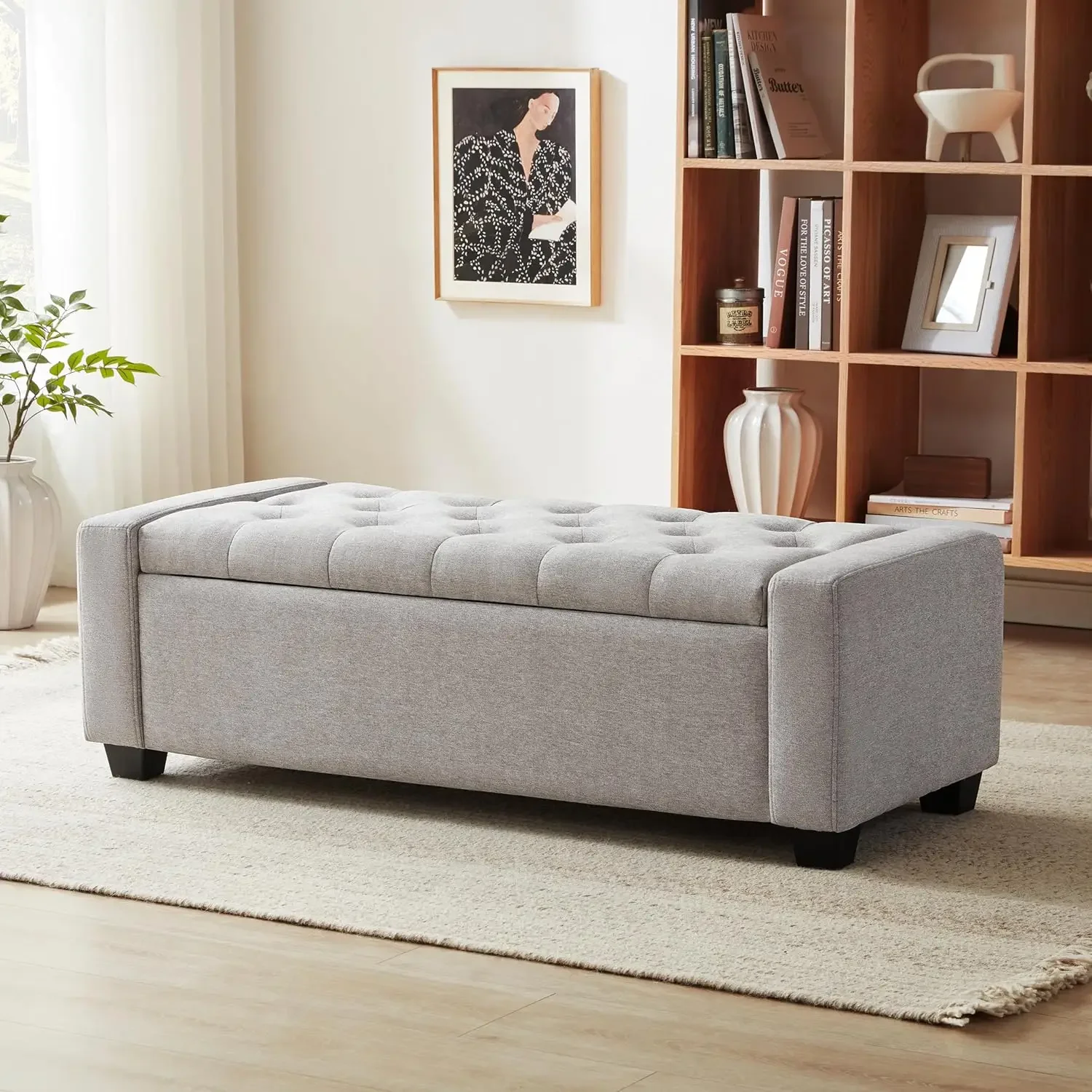 Ottoman with Storage, Storage Ottoman Bench with Safety Hinge, Upholstered Storage Bench with Seating for Bedroom, Living Room