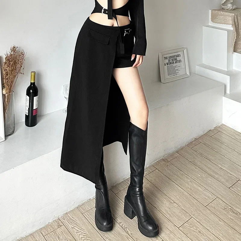 Gothic Patchwork Sexy Mini Skirts Goth Dark Techwear Women Grunge Irregular Hem High Waist Cargo Skirt Hip Hop Black Summer 2023