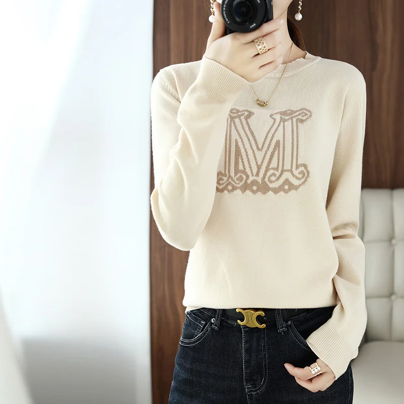 women Autumn and winter O-Neck Cashmere sweaters knitted Pullovers  Fashionable embroidered letter cashmere sweater Female