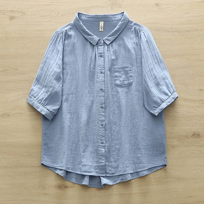 New Spring Cotton Yarn Solid Loose Shirt Women Lapel Short Sleeve Top Girl Fashion Retro OL Commute Blouses 2024 Summer T45449QC