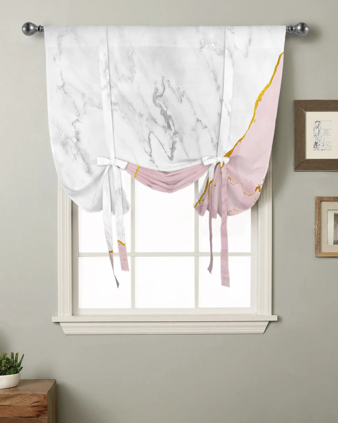 

White Marble Pink Kitchen Short Window Curtain Rod Pocket Curtains Home Textile Roman Tie Up Curtains Bedroom Small Window Decor