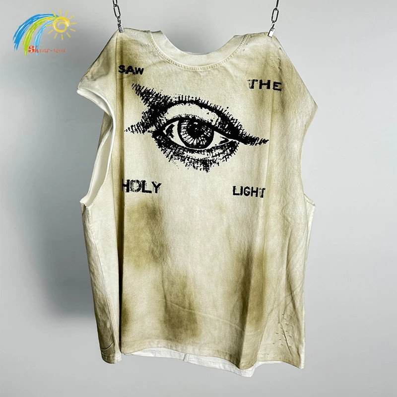 25SS Hip Hop Vintage Washed Apricot Made Dirty SAINT I Saw The Holy Light Sleeveless T-Shirt Men Women Top Quality T-Shirt Tee