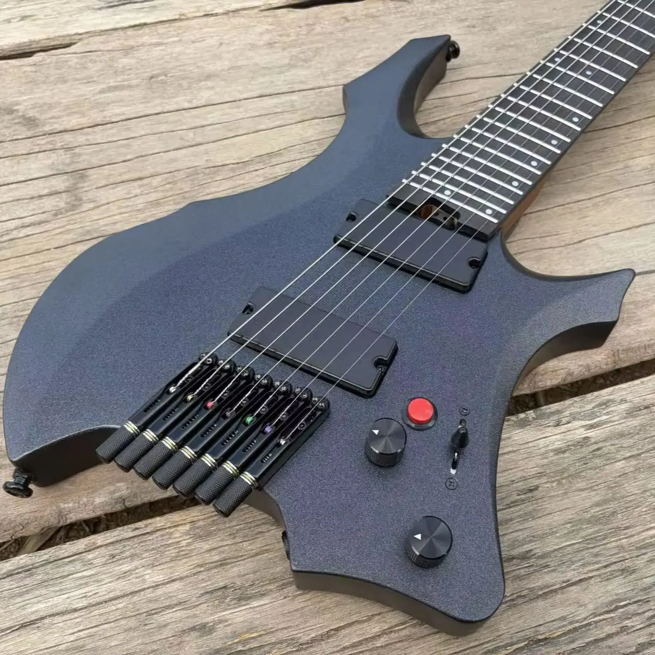 7 String Headless Electric Guitar Satin Black Color Active Pickups Red Killswitch Fanned Frets 9 Piece Roasted Maple Neck