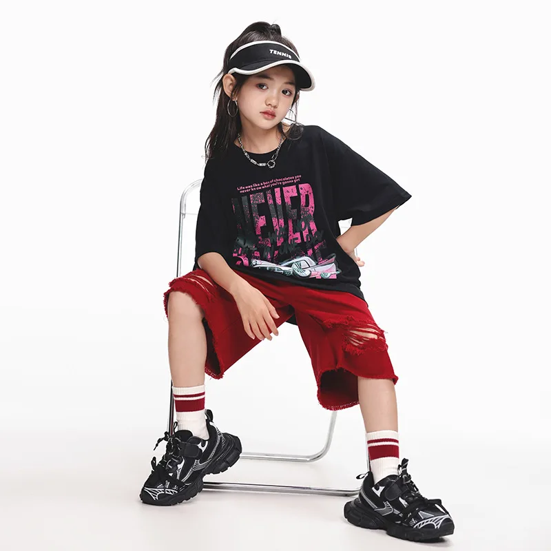 Moda para chicas, ropa de calle, disfraz de Hip Hop, camiseta con estampado de letras negras, pantalones cortos informales, conjuntos de ropa para escenario de baile de Jazz para adolescentes