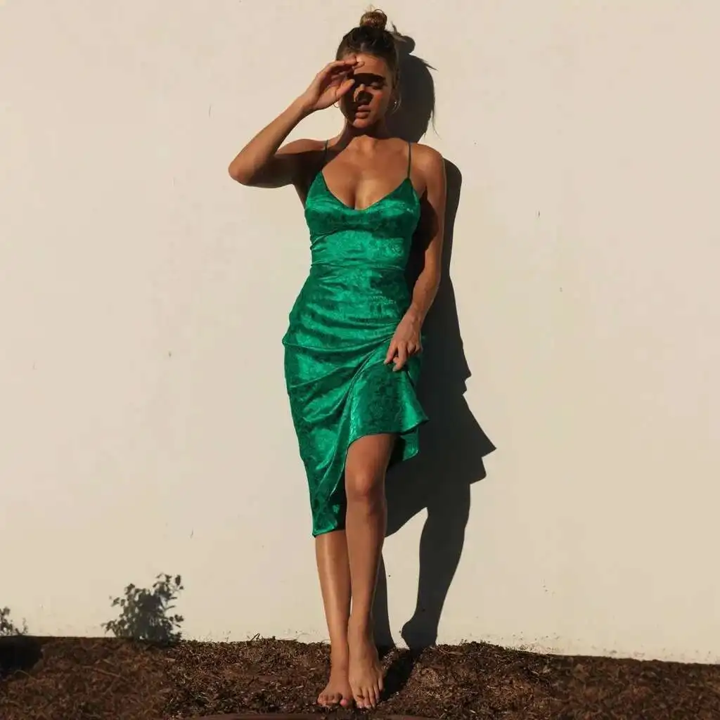 25 Year Summer New Satin Tight Deep V Sexy Suspender Dress 8706