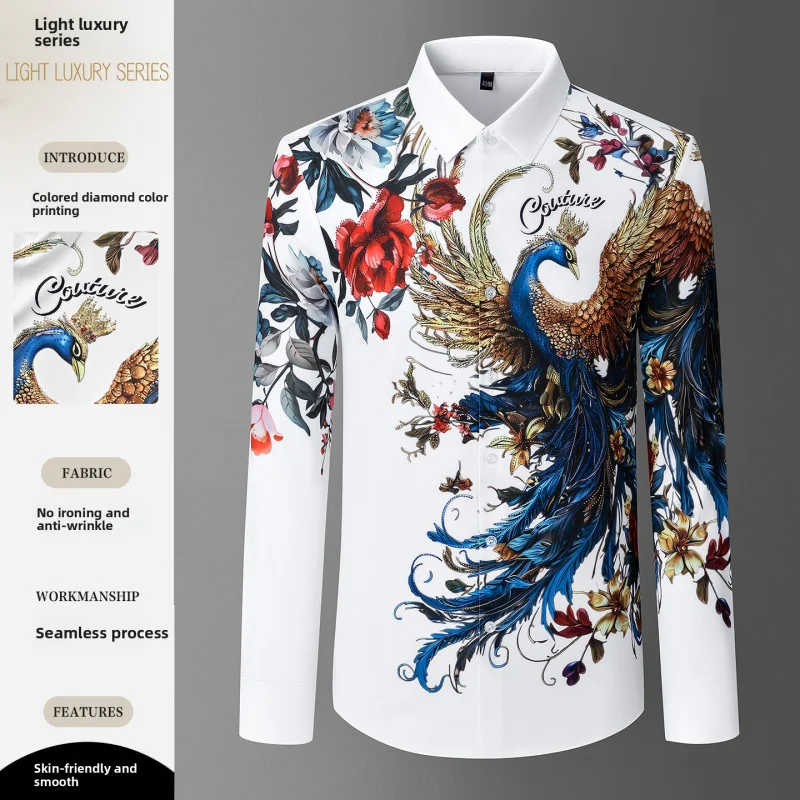 

Мужская рубашка с принтом павлина, премиум-качество, с ринстонами, не требующая глажки, устойчивая к складкам, цветочная рубашка, высокая растяжимость, роскошная рубашка