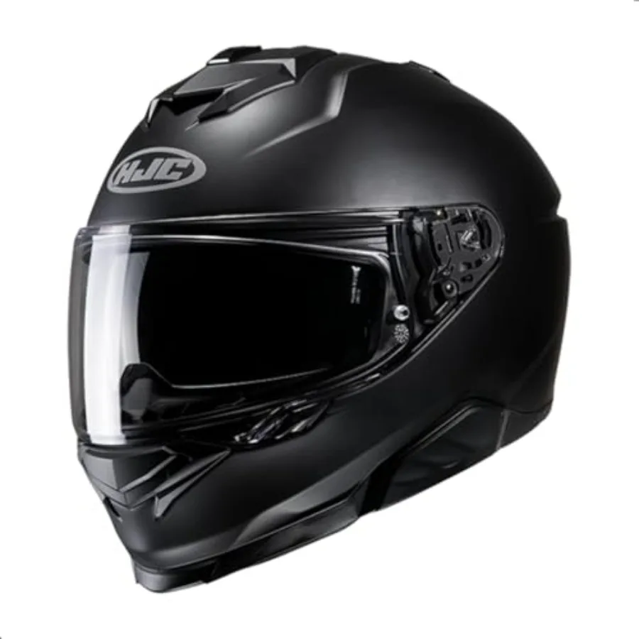 

Motorcycle helmet for street riding, polycarbonate shell, matte black, aerodynamic design with ventilation and quick-release ch