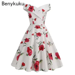 Rose Flower Print Off Shoulder V-Neck Women Summer Dresses Retro Pot Vintage 50s 60s Elegant Dress Sexy Rockabilly Party Dress