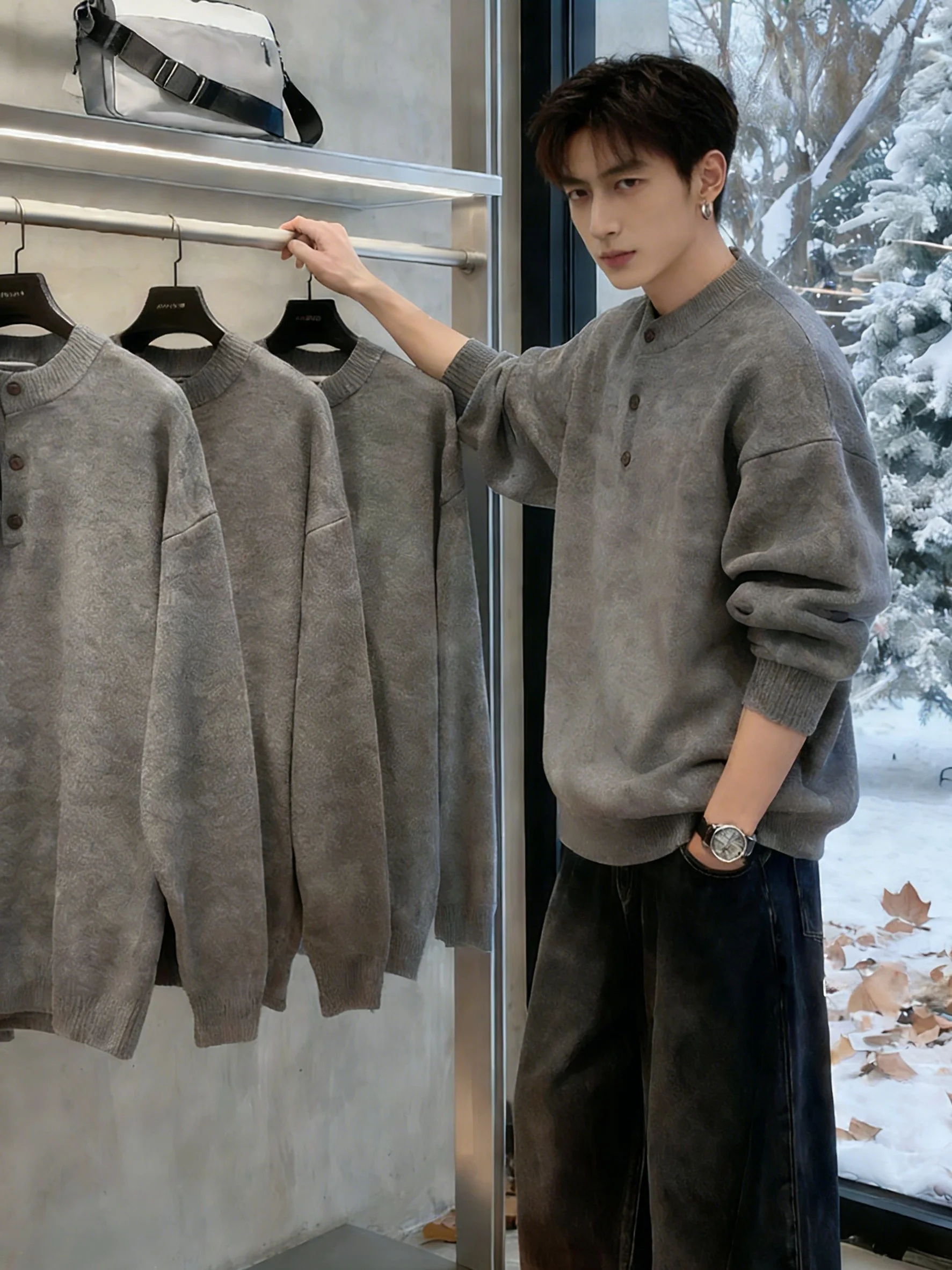 

Deep ey Men's Knitwear Henry Collar Inner Wear Base irt Top Casual Sle Spring Autumn Wear Comfortable Breathable