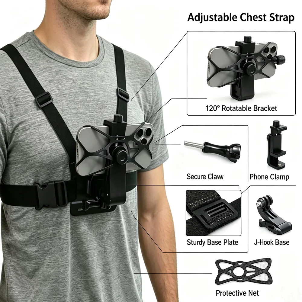 Support de téléphone portable 6-en-1 à porter en bandoulière, fixation poitrine pour caméra, cyclisme, ski, escalade, tournage de vlogs en extérieur, rotatif avec filet
