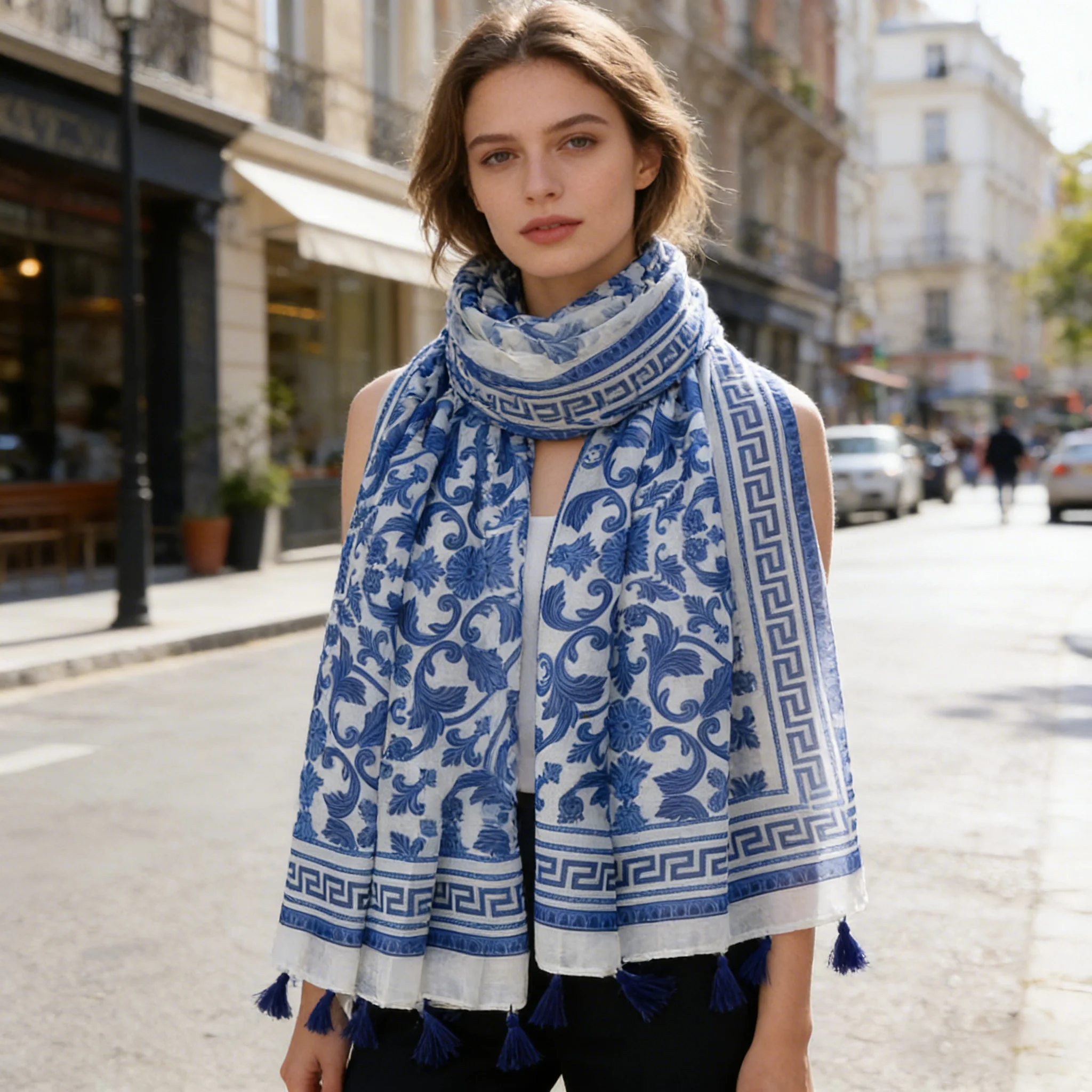 

Women's Blue and White Porcelain Pattern Tassel Scarf, Retro Color Block Neck Scarf, Polyester Soft and Skin-Friendly Long Scarf