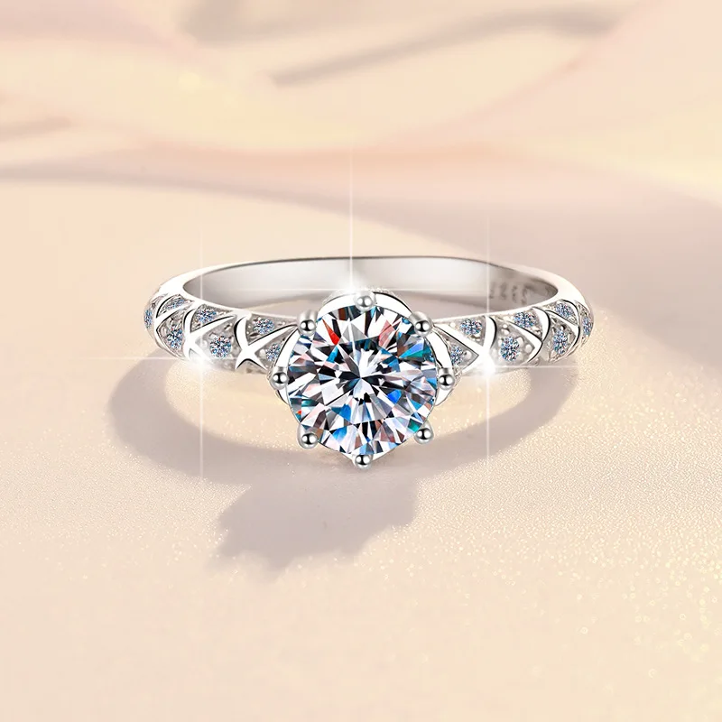Anniversary inlay decorates snowflake lace six-prong ring for women with fine 1ct moissanite over refined PT950 platinum blanks