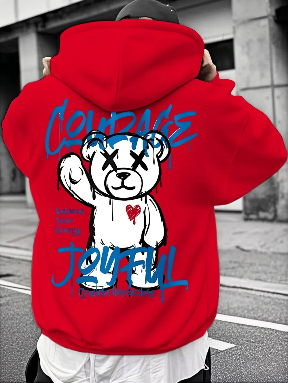 X Eyes Bear Print Hoodie Unisex Loose Long Sleeve Hooded Pullover Red Heart Street Art Dripping Paint Sweatshirt