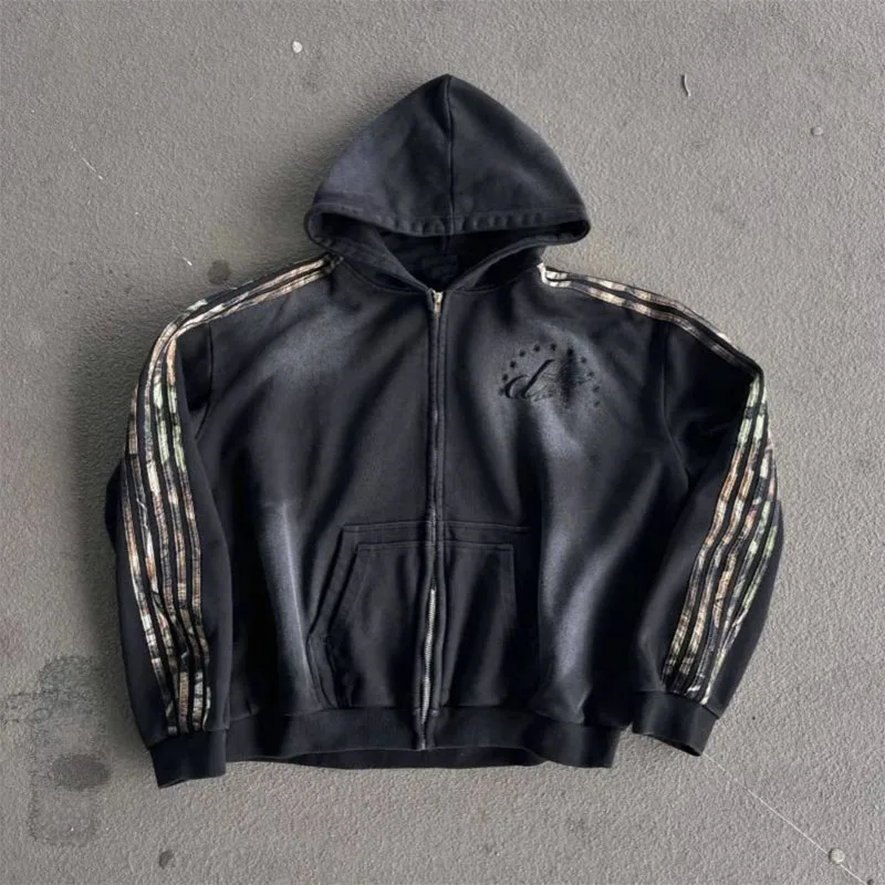 

Винтажные полосатые строчки, старая мода, повседневные американские женские толстовки с капюшоном в стиле панк, готика, темная уличная одежда на молнии в стиле Харадзюку с длинными рукавами