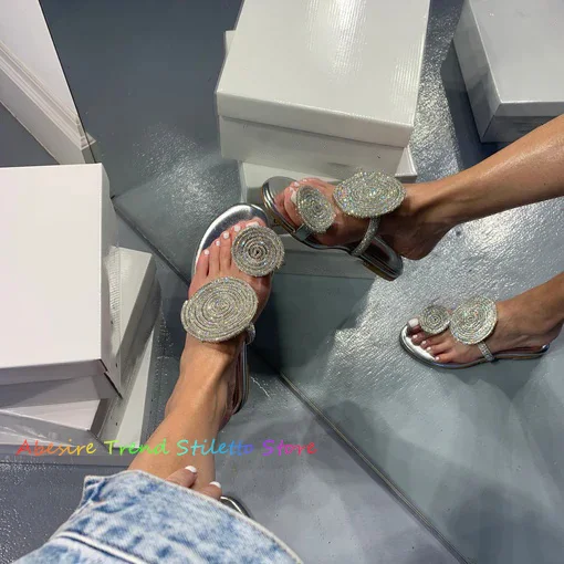 Crystal Circles Pinch Toe Slippers Women Silver Rhinestone Summer New Round Toe T Strap Slip On Flat Comfortable Sandals