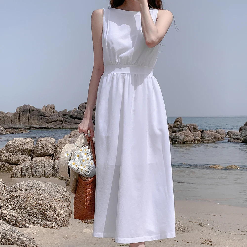 

Summer 2025 Chic Retro High Waist Slimming Color Sleeveless Vest Dress Women's Fashion Korean Style Long Skirt round Neck