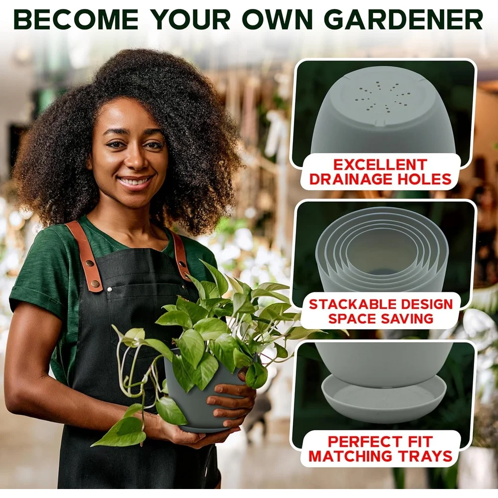 أوعية نباتات بلاستيكية قابلة للتكديس مع مجموعة تصريف مكونة من 5 مزارعات داخلية وخارجية وحاويات حديقة متينة وزهور عصارية