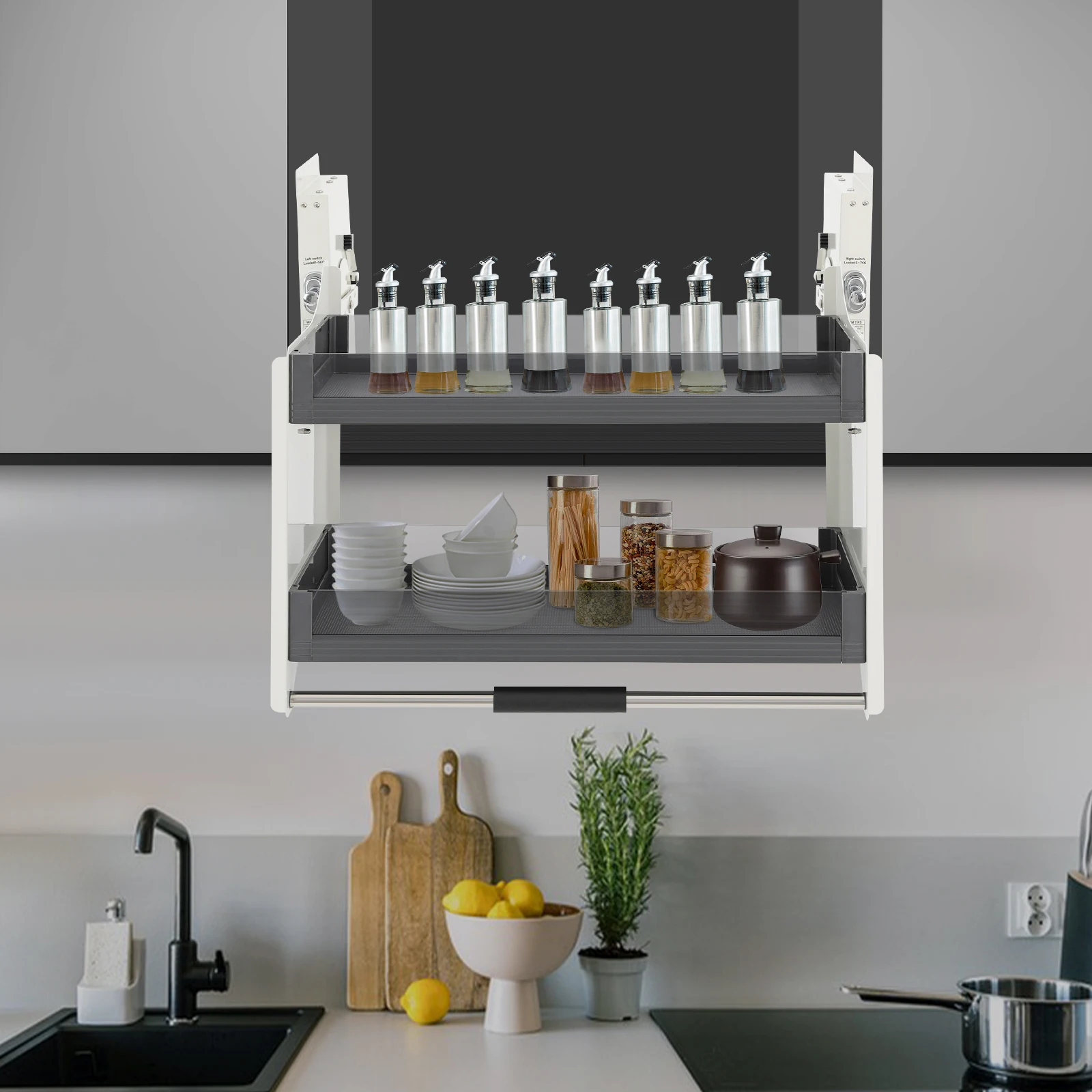 

Pull-down Shelf, Kitchen Pull-down Storage Rack with Support Arms, Pull Out Organizer for Kitchen Upper Cabinets
