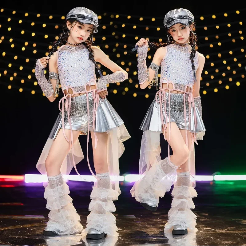 زي أداء رقص الجاز للأطفال، سترة ترتر للرقص في الشوارع للفتيات، تنورة بنطال جلدي، ملابس أداء للمشي على المسرح #4