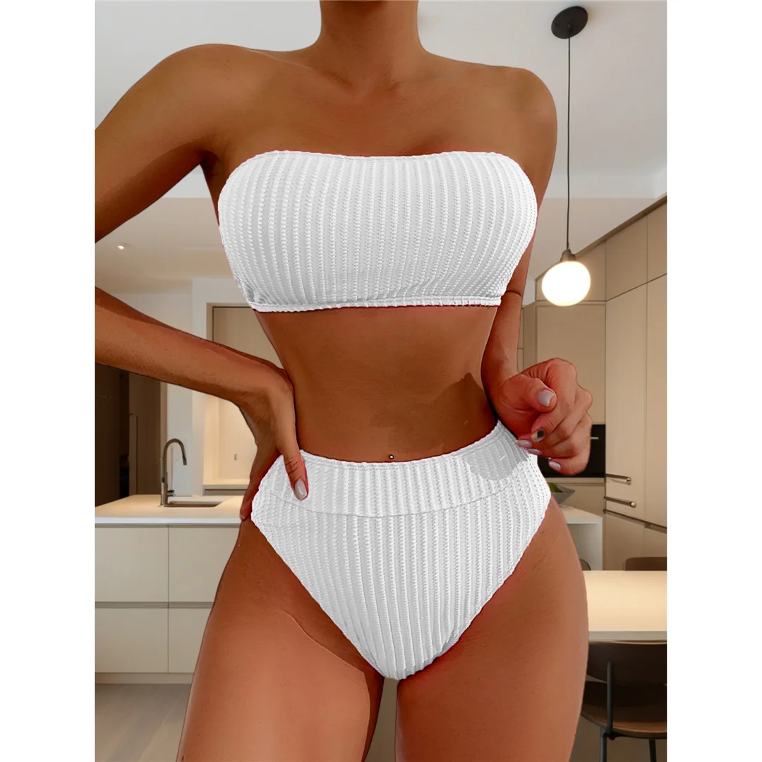 S - XL Bandeau-Bikini mit Falten, Damen-Badeanzug, Bikini mit hoher Taille, zweiteiliges Bikini-Set, Badebekleidung, Badeanzug, Modell V5904. – Detail 22
