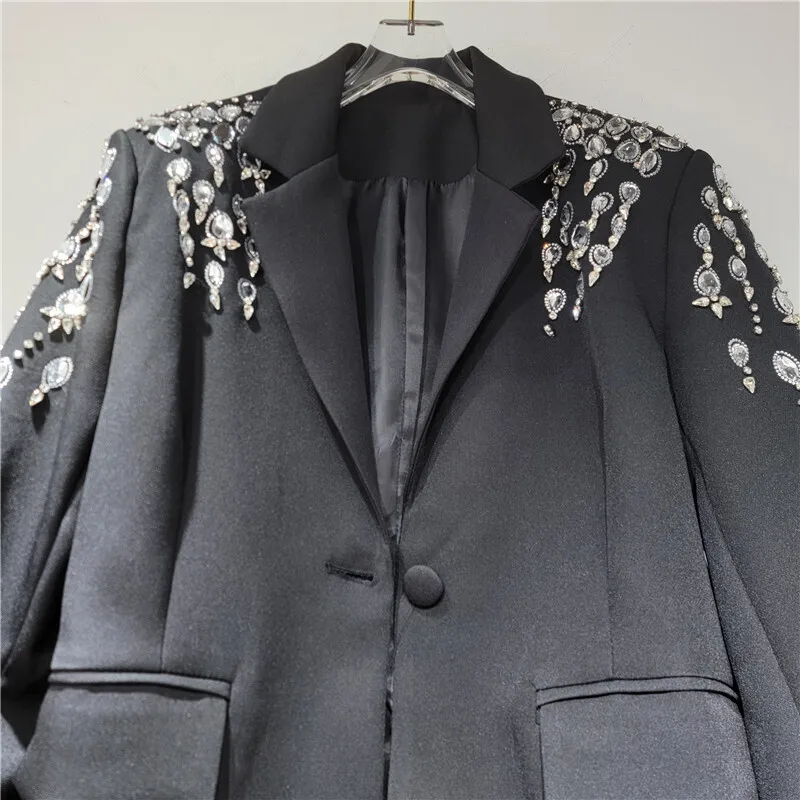 DEAT Women's Black Diamonds Decoration Loose Blazer Long Sleeve Notched Collar Suit Jackets 2025 New Fashion Spring 29L9256