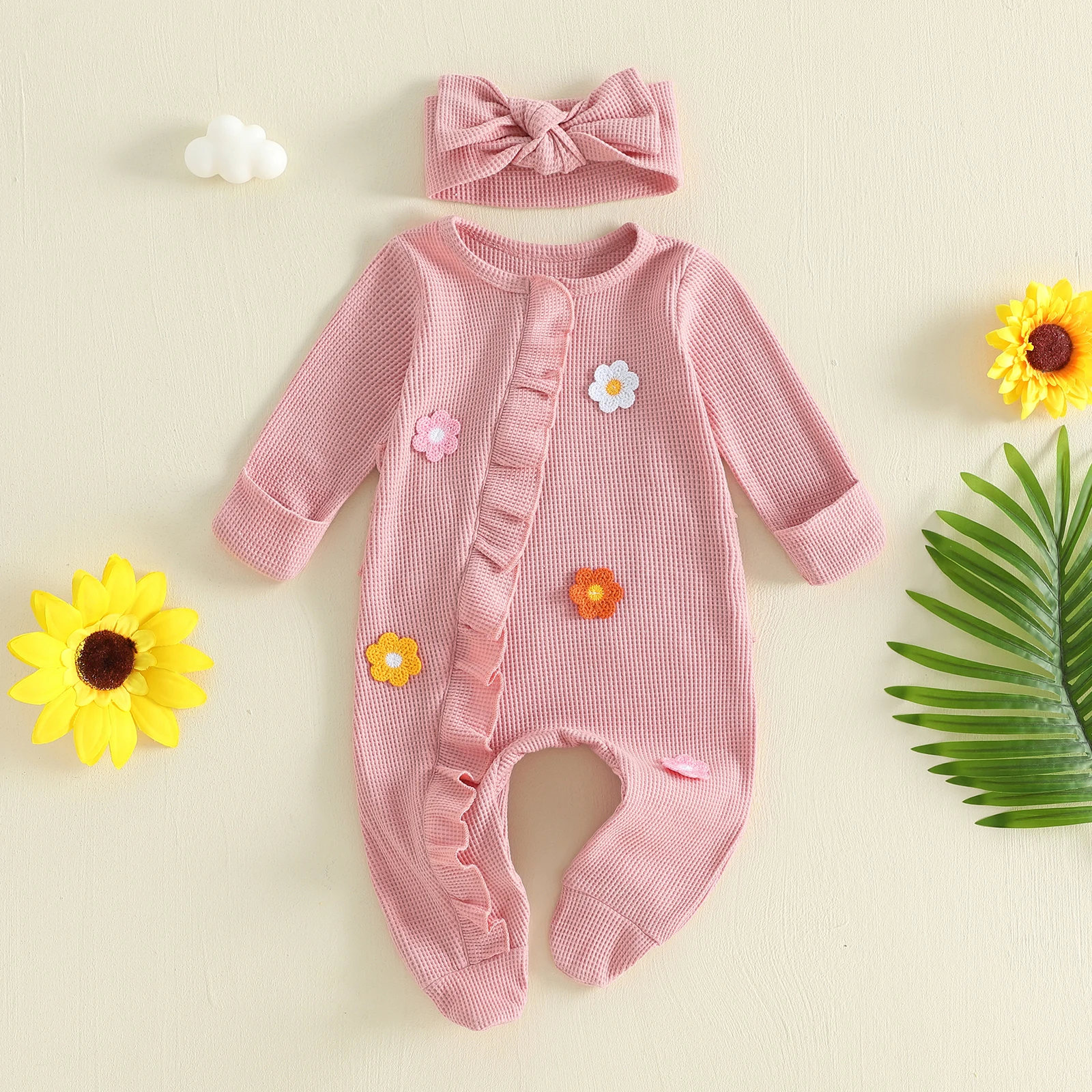 Baby Girl Fall Waffle Footies Romper Headband 2 Pcs Set Flower Ruffled Trim Zip Front Long Sleeve Girls Autumn Jumpsuits