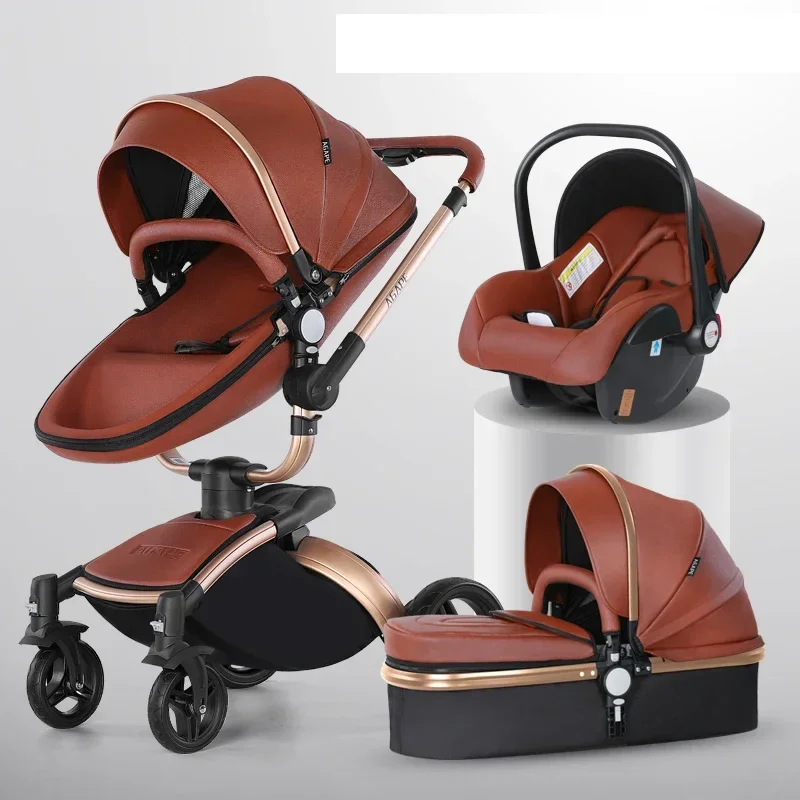 Baby stroller 3in1 with car seat removable basket High landscape eggshell PU leather baby stroller baby car luxury carriage