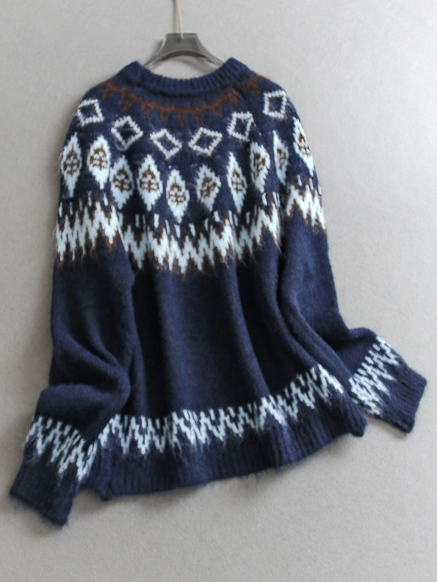 سترة محبوكة طويلة من Color Blo Retro Fair Isle سترة دائرية Ne بلوفر ناعم صديق للبشرة ملابس تريكو شتوية غير رسمية للنساء