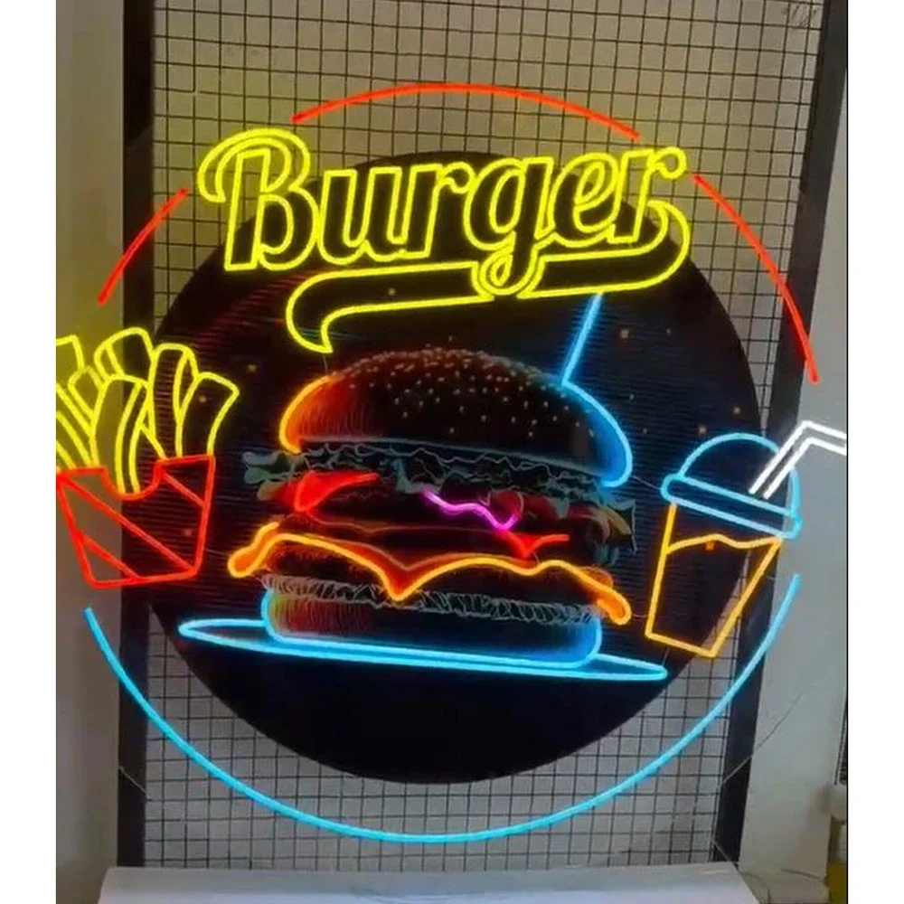 Burger And Fries Juice Led Neon Pop Art Custom Restaurant Fast Food Shop Decor Neon Sign Hamburger Store Wall Hanging Light Sign