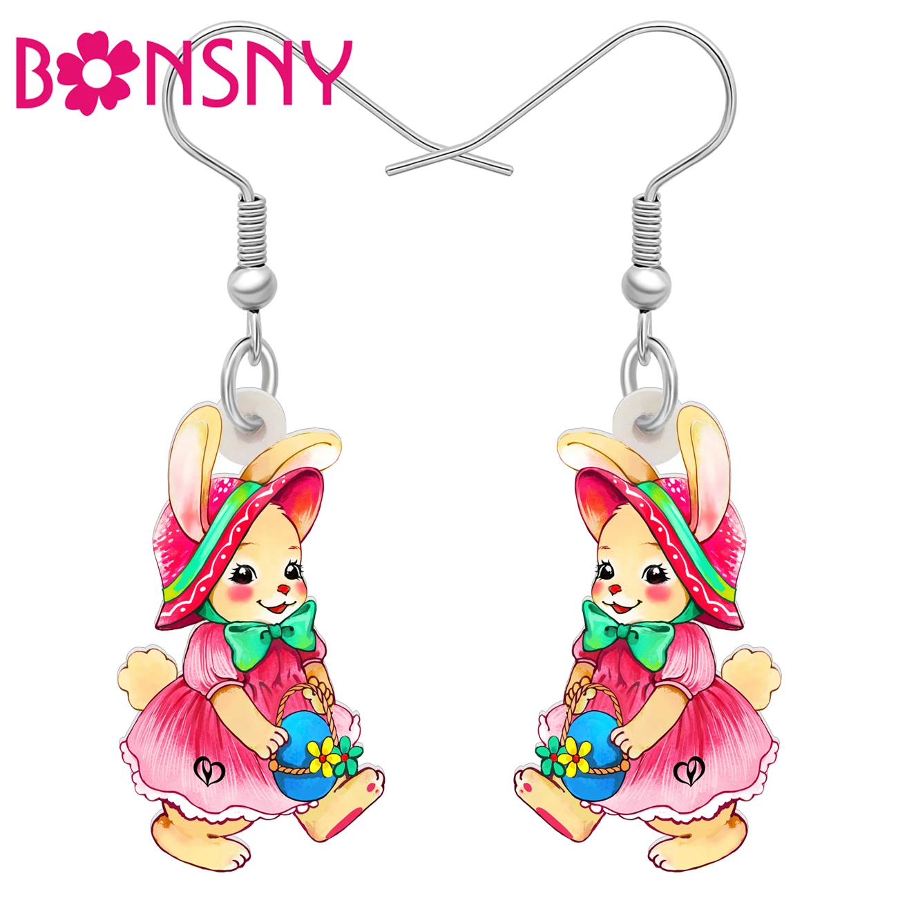BONSNY Acrylic Easter Eggs Bunny Dangle Earrings Cute Picnic Rabbit Cartoon Animals Spring Holiday Jewelry Gifts For Women Girls
