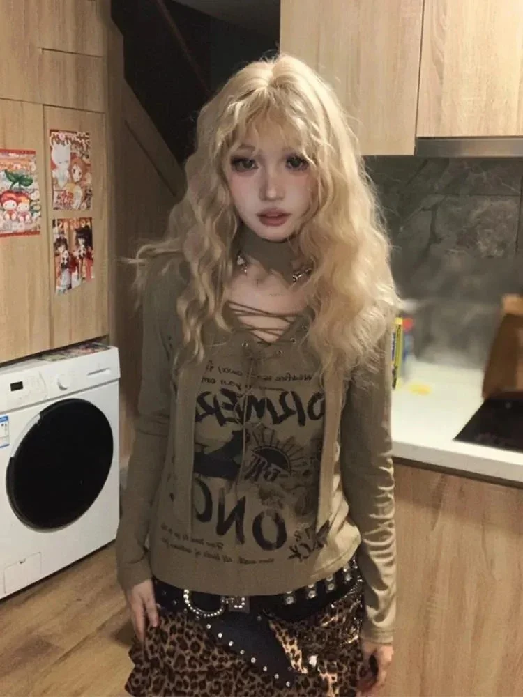 

Футболки женские винтажные с v-образным вырезом и длинным рукавом с буквенным принтом Y2k эстетические топы в стиле Харадзюку гранж модная женская повседневная футболка