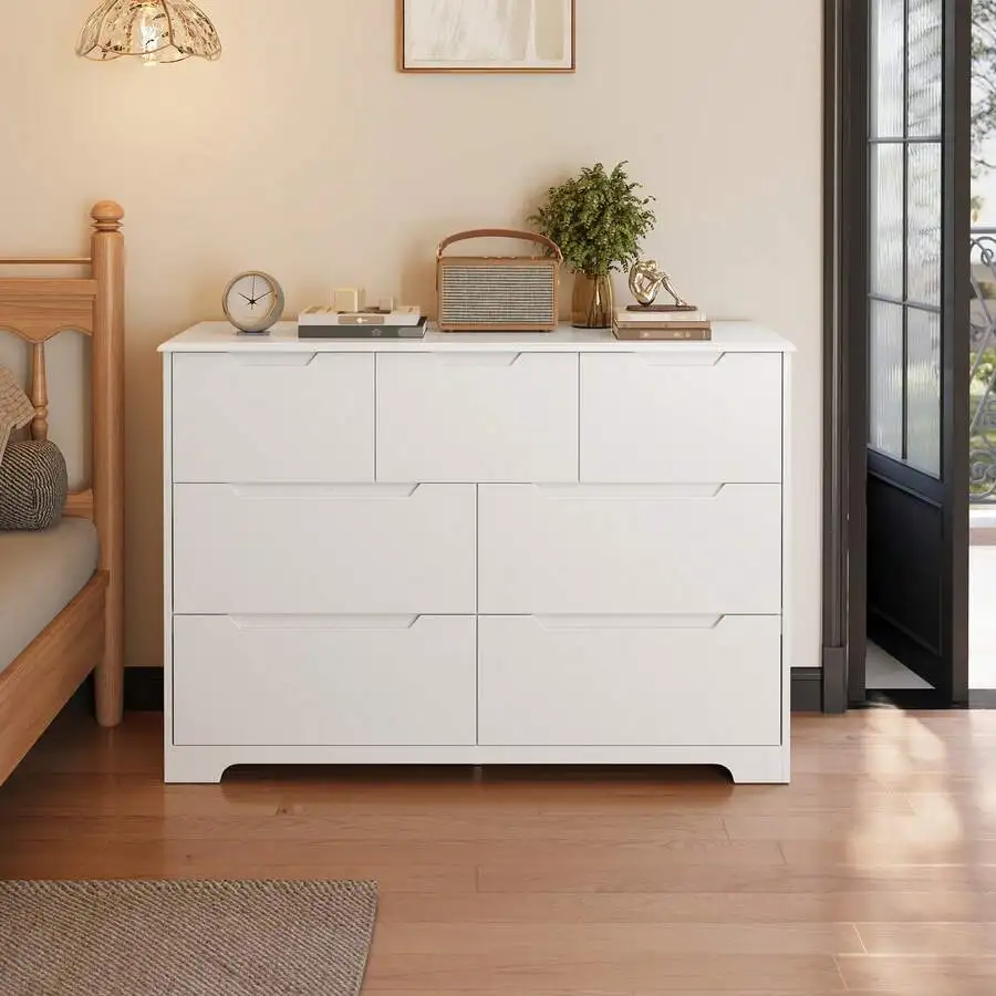 Asofer 7 Drawer Dresser, Wooden Dresser with Cutout Handle, Wooden Chest of Drawers for Bedroom, Living Room, Entryway, Hallway, Room Decoration, White