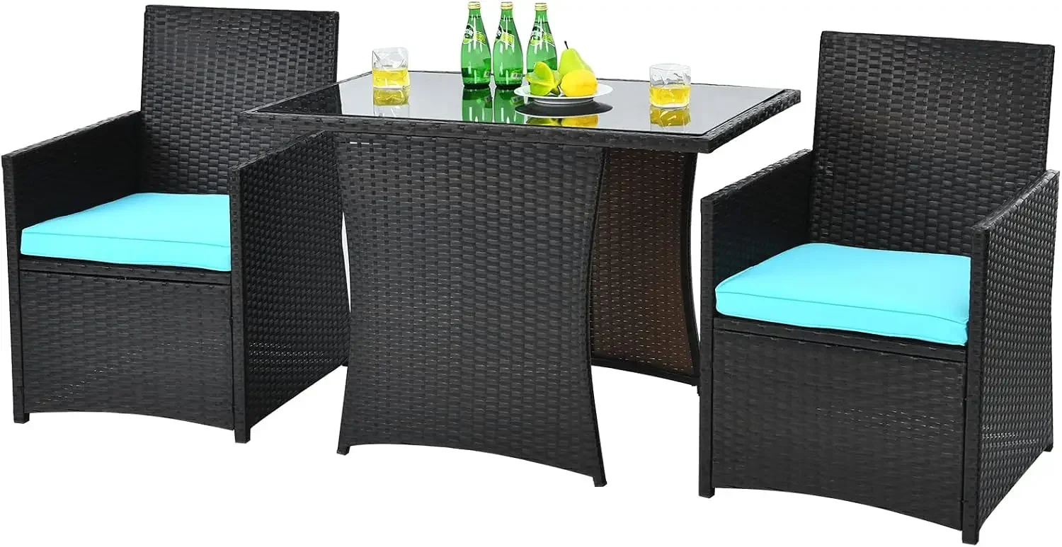 USA Stock3 Piece Patio Furniture Set, Outdoor PE Rattan Wicker Bistro Set with Washable Cushions & Tempered Glass Table, for Bac
