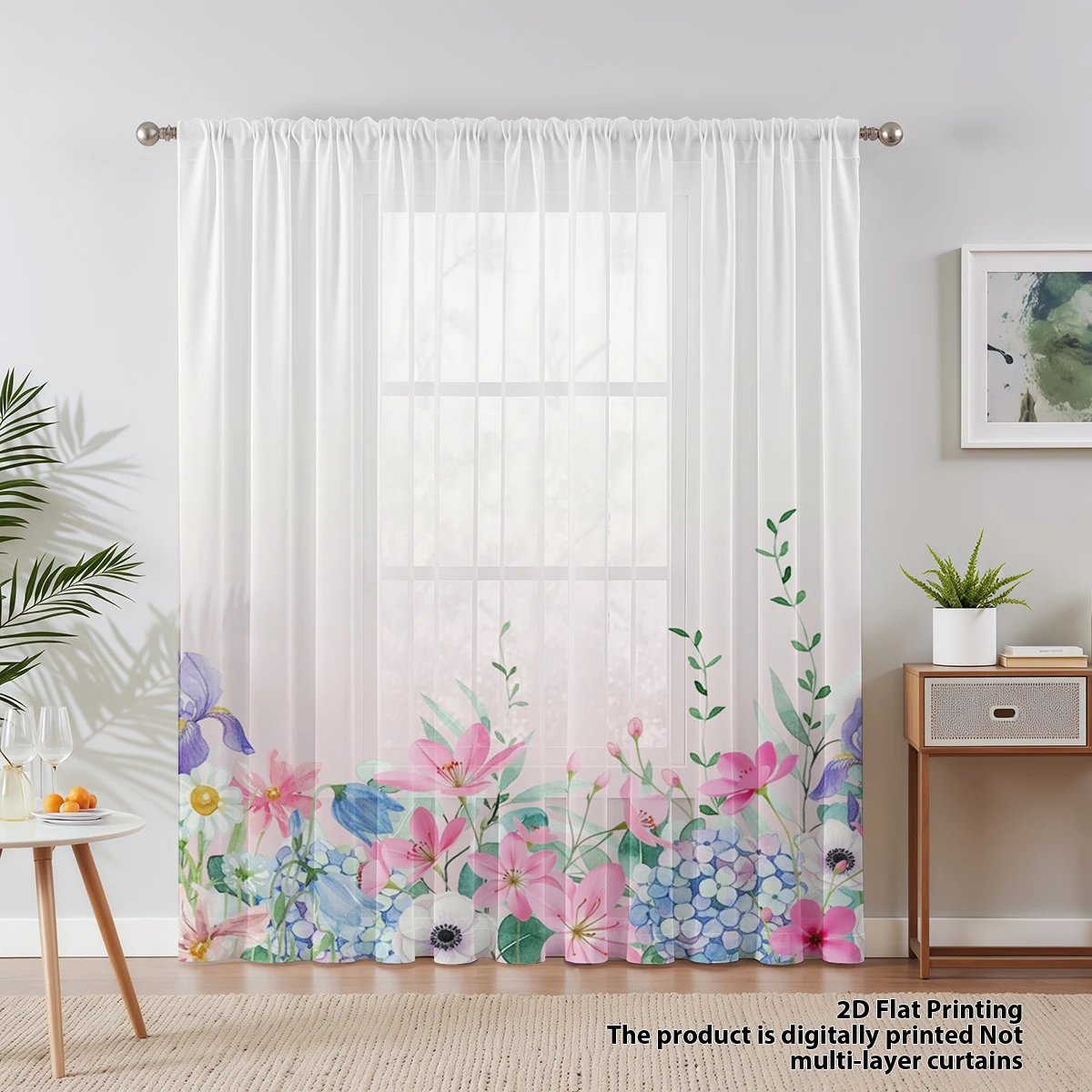 Anemone Iris Floral Sheer Curtains Hydrangea Print Rod Pocket Window Curtains for Bedroom Light Filtering Voile Drapes Panel