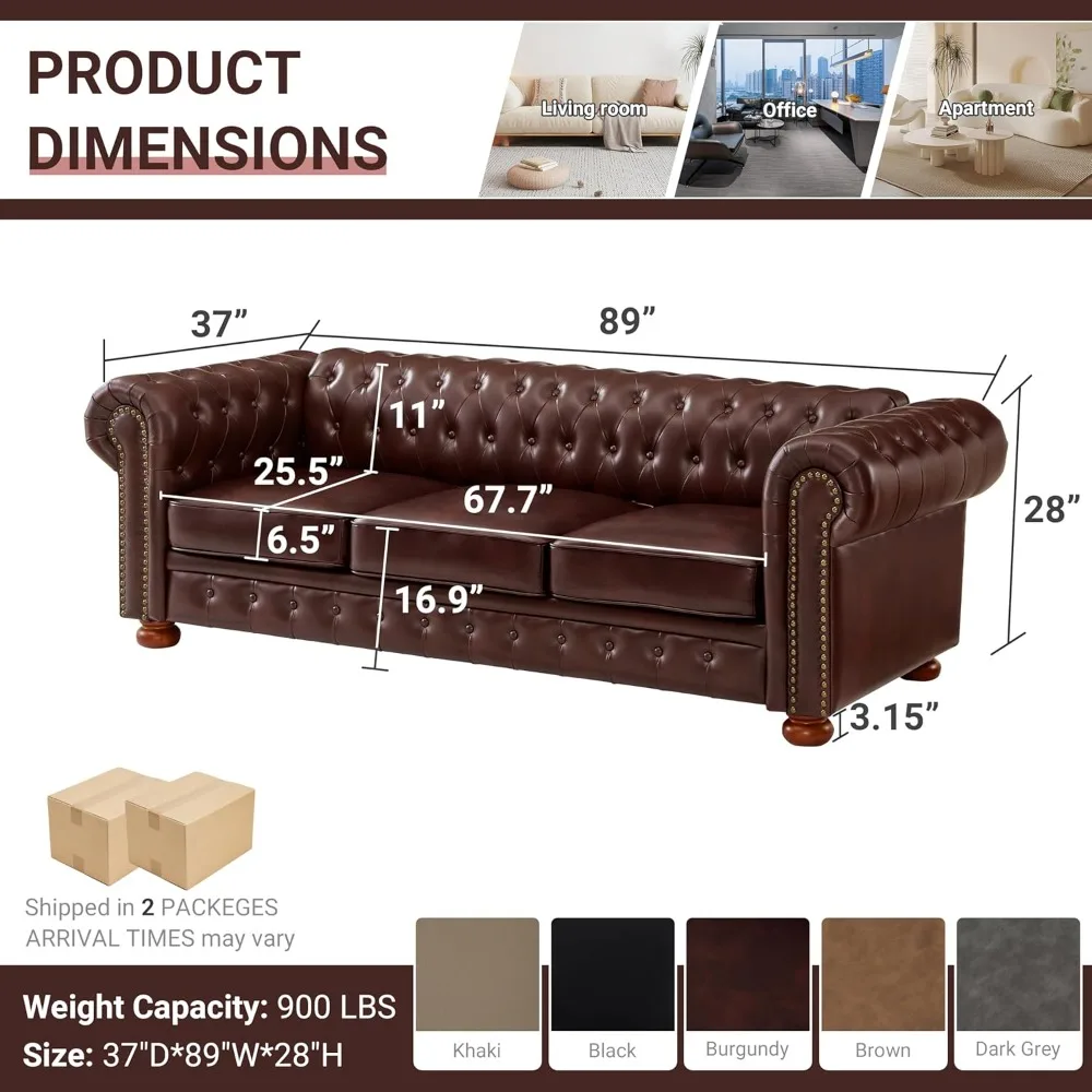 Chesterfield Sofa, 89" Faux Leather Sofa, Upholstered Sofa, Low Back, Rolled Arms Nailhead Trim, Classic 3 Seater Sofa image 2