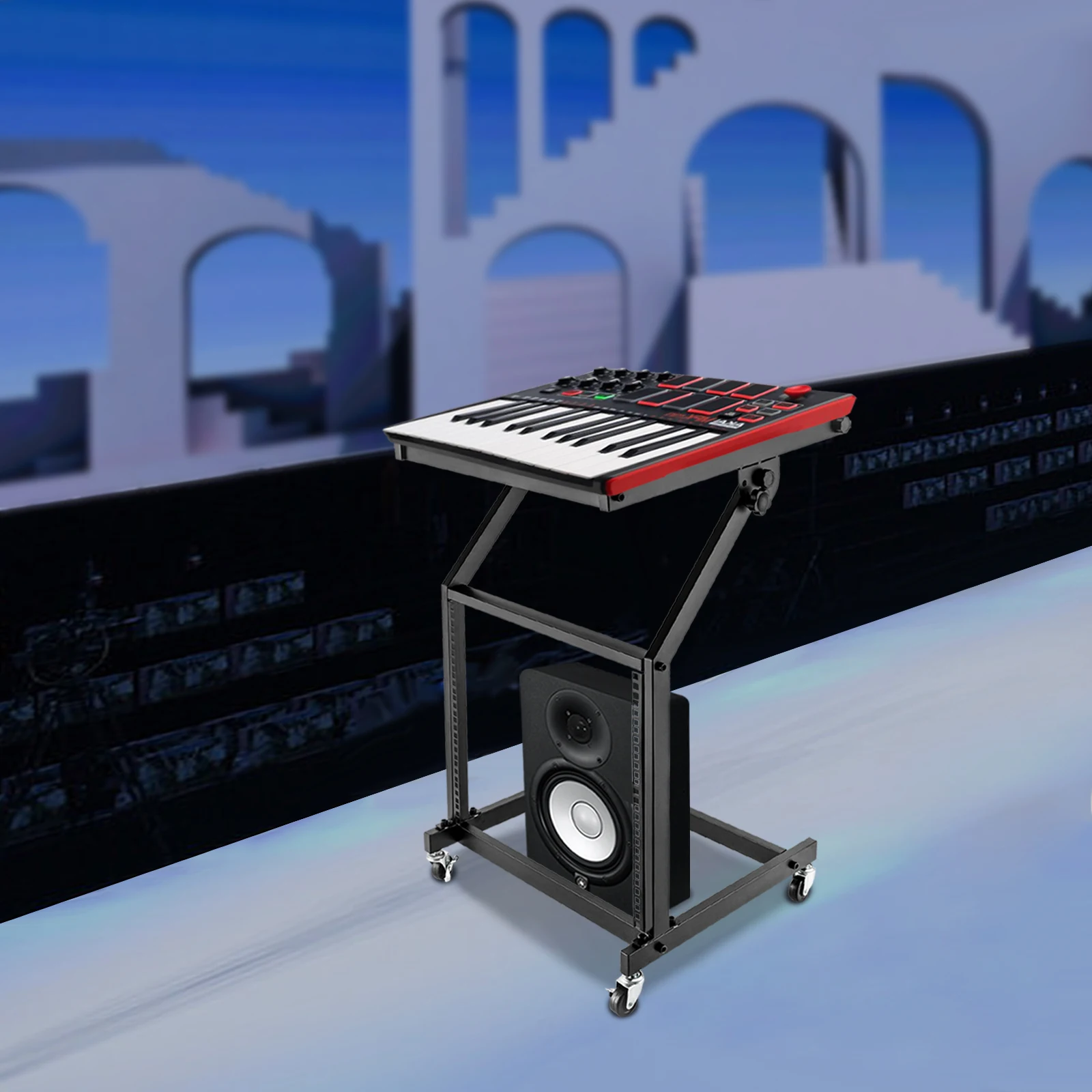 9U with 4 Wheels DJ Audio Mixer Stand Rack (9U, with 4 Wheels) Rolling Stage Cart