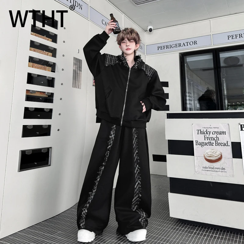 

WTHT модный мужской костюм, пальто с капюшоном и большими карманами, контрастный цвет, прямые брюки с высокой талией, мужской комплект, осень 2023, 2A1712