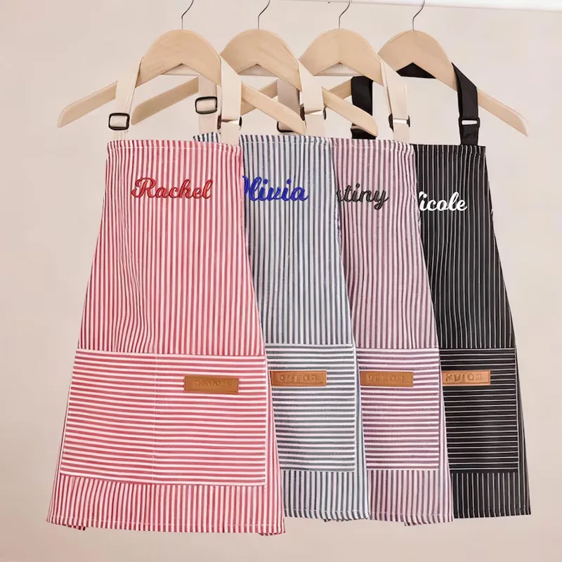 Custom Embroidered Name Couple Aprons Personalized Housewarming Gift Wedding Gift for Couple Striped Kitchen Cooking Apron Set