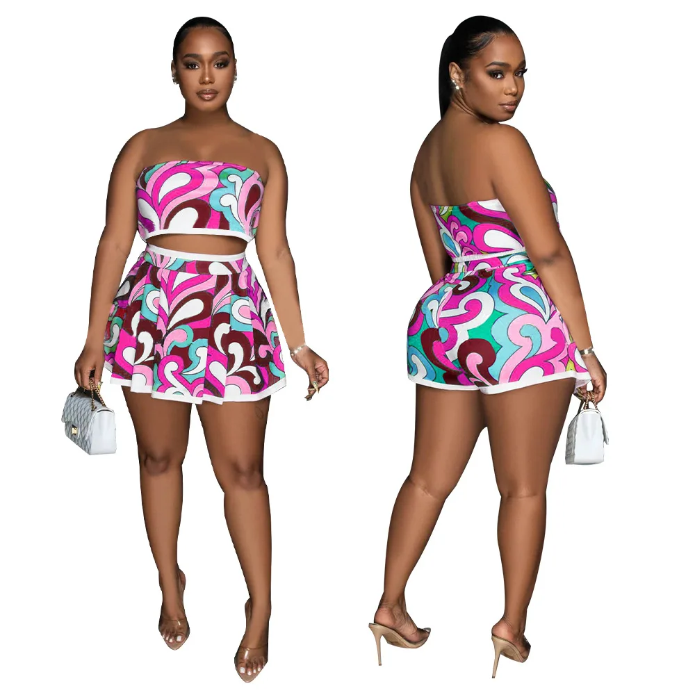 

2024 Top Quality Young Sexy Little Chap Strapless Sleeveless and High Waist Mini Pleated Skirts Pants Women 2 Piece Set