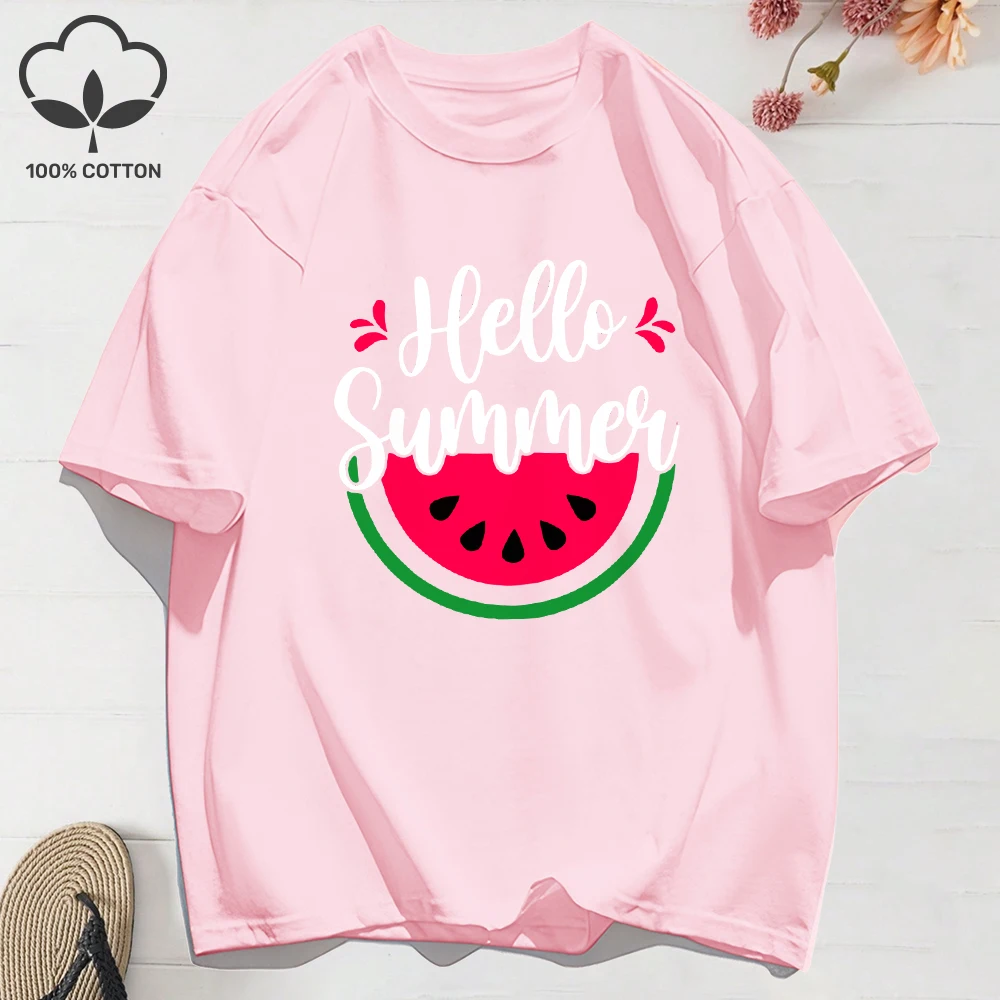 100% Cotton Womens T-Shirt Summer Watermelon Prints T Shirt Comfortable Oversized O-Neck Tops Holiday Casual Womans Clothes