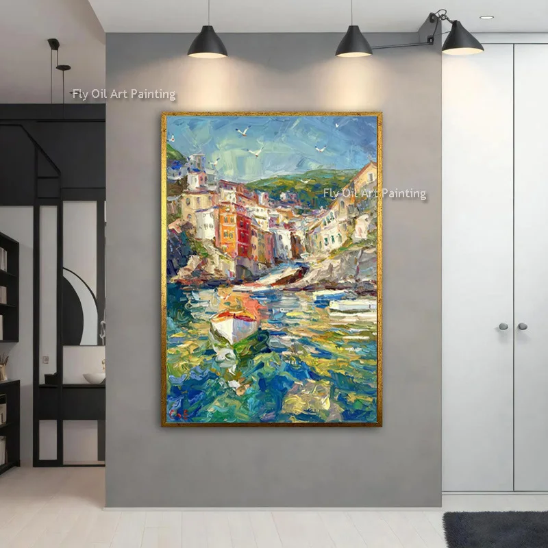 Boat On The River Canvas Wall Art Cityscape Venice Thick Oil Painting Handmade Beautiful Modern Building By River Artwork Decor