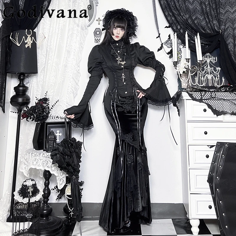 

Готический темный стиль, черные наряды на Хэллоуин, женская черная рубашка с длинными рукавами, косплей, юбка русалки, костюмы, женские костюмы для косплея, комплект