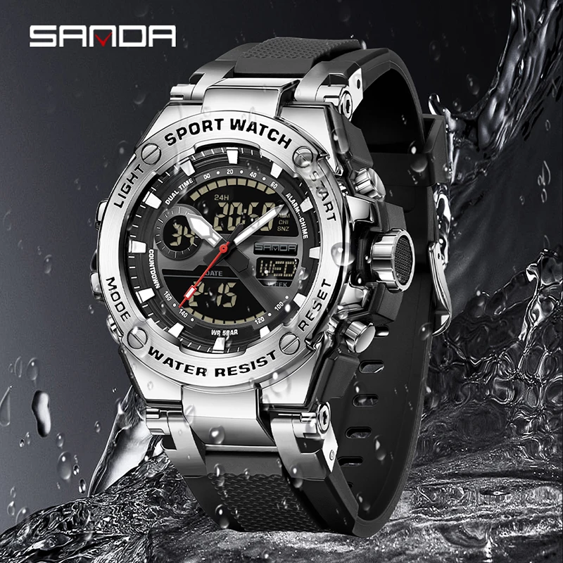 SANDA 3363 Men's Luxury Electronic Watch Multifunctional Sport Waterproof Calendar LED Backlight Fashion Wristwatch