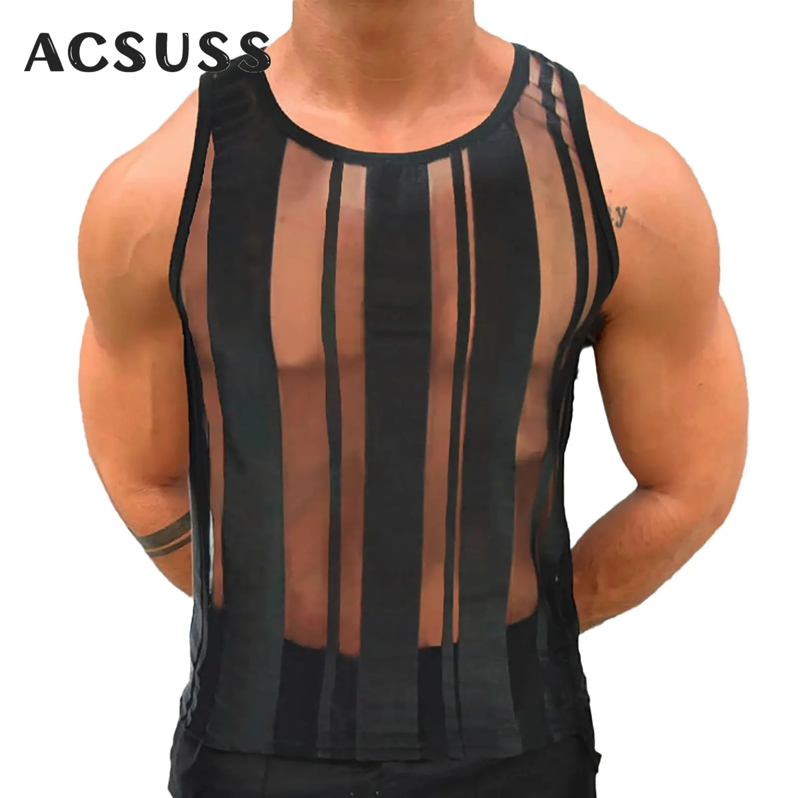 Mens Striped Tank Top Hip-Pop Steampunk Vest See-Through Mesh Sleeveless Tees Shirt Music Festival Nightclub Dress Up Costume