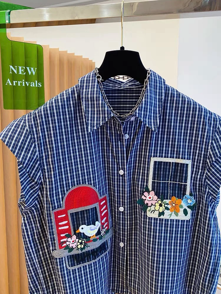 

Воротник в полоску в клетку ort Sve Loose Women's irt Summer New Sle Faionable Fly Sve Top Korean Sle Commute Wind